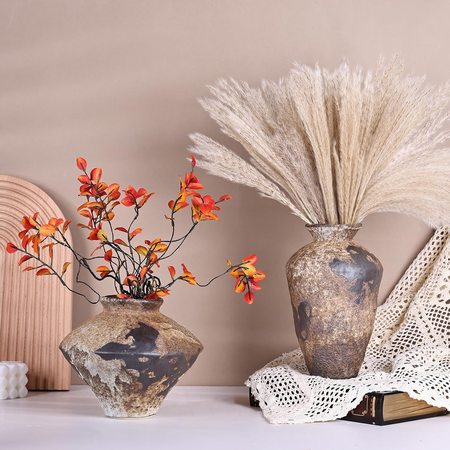 Small Stone Vase for Rustic Home Decor, Farmhouse Antique Pottery Vase Furniture&Table Flower Decorative, Round Terracotta Vases for Living Room Decor, Modern Rustic Concrete Clay Art Vases