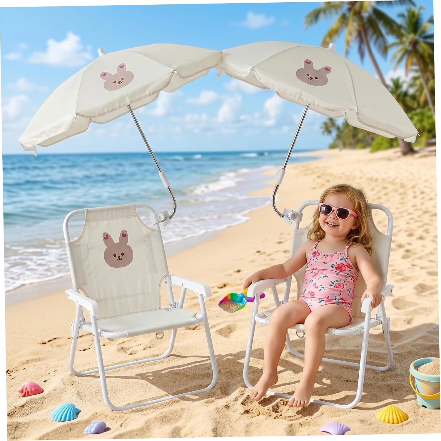 Kids Beach Chair with Umbrella, Foldable Toddler Lawn Chair with Sun Shade for Beach/Pool/Camping/Fishing, Bunny..