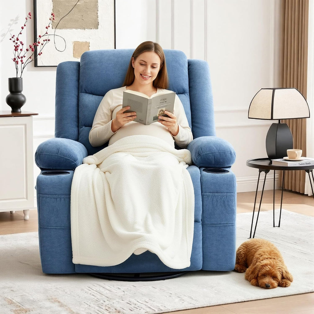 Swivel Rocker Recliner Chair, Manual Recliner Single Sofa with Cup Holders and Side Pocket, Chenille Fabric, Upholstered Nursery Rocking Chair for Living Room, Bedroom, Blue