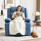 Swivel Rocker Recliner Chair, Manual Recliner Single Sofa with Cup Holders and Side Pocket, Chenille Fabric, Upholstered Nursery Rocking Chair for Living Room, Bedroom, Blue