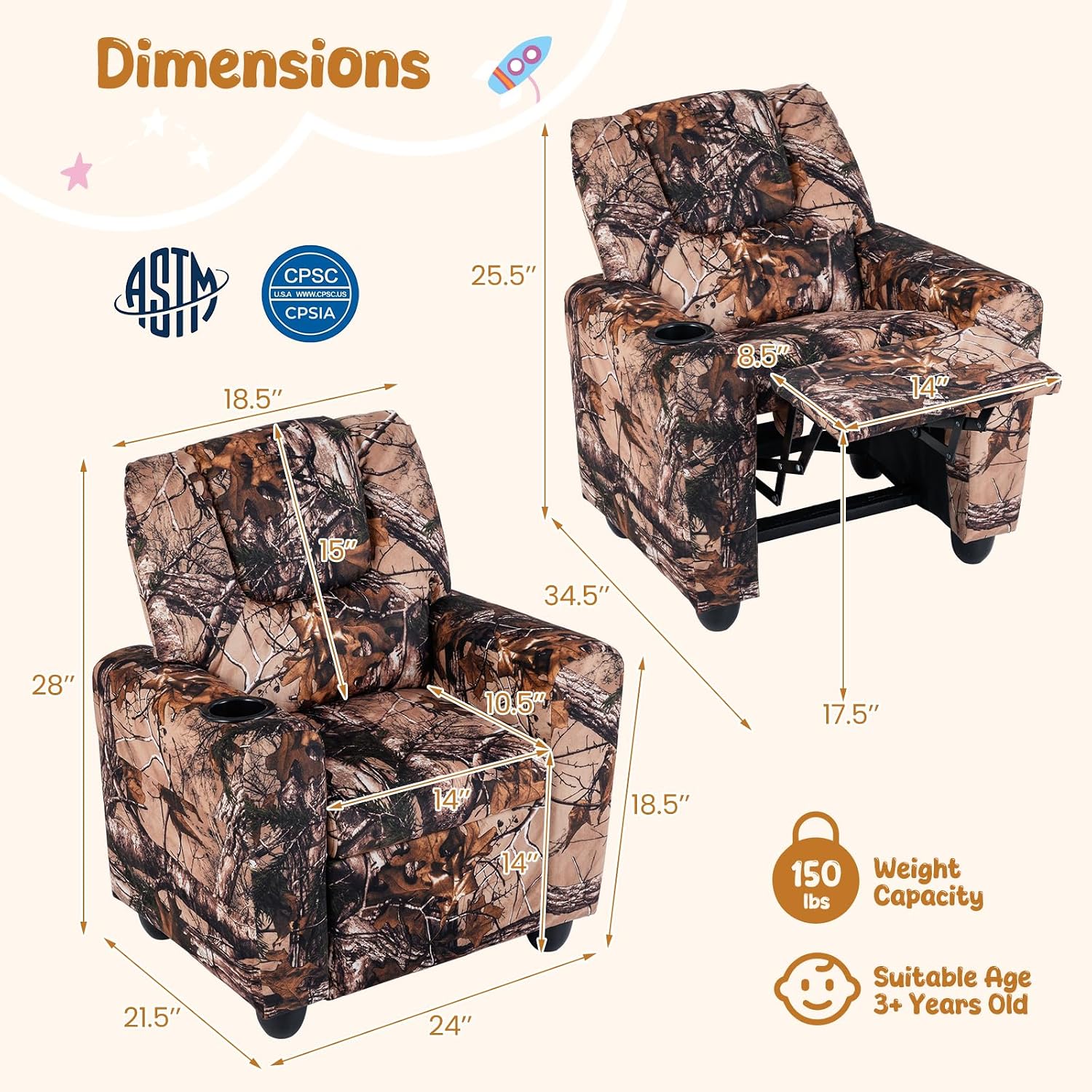 HONEY JOY Kids Recliner, 2-in-1 Toddler Armrest Sofa Couch with Cup Holders, Adjustable Footrest, Velvet Fabric, Child-Size Recliner Chair for Boys Girls Age 3+ (Leaf Color)