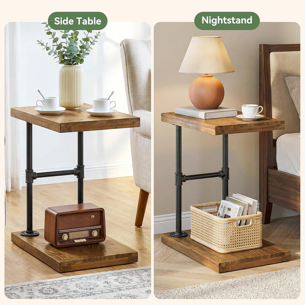 C Shaped Solid Wood End Table, Industrial Side Table with Shelf for Living Room Couch, Narrow Accent Table for Small Spaces, Rustic Laptop Stand for Sofa, Black Metal Frame