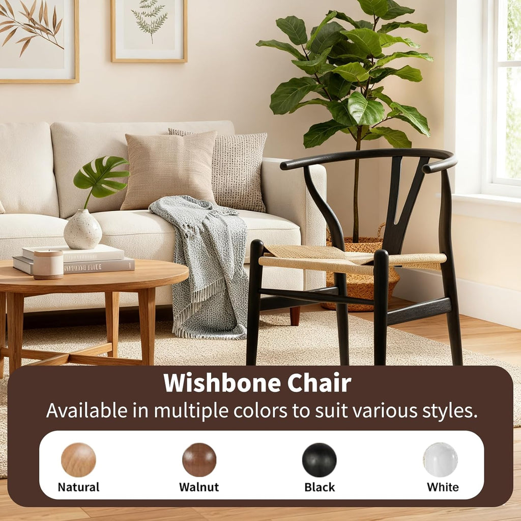 Wishbone Chair Natural Solid Wood Dining Chair/Hans Wegner Y Chair Rattan and Wood Accent Armrest Chairs - Ash Wood Chairs Set of 1 (Ash Wood - Black + Natural Color)