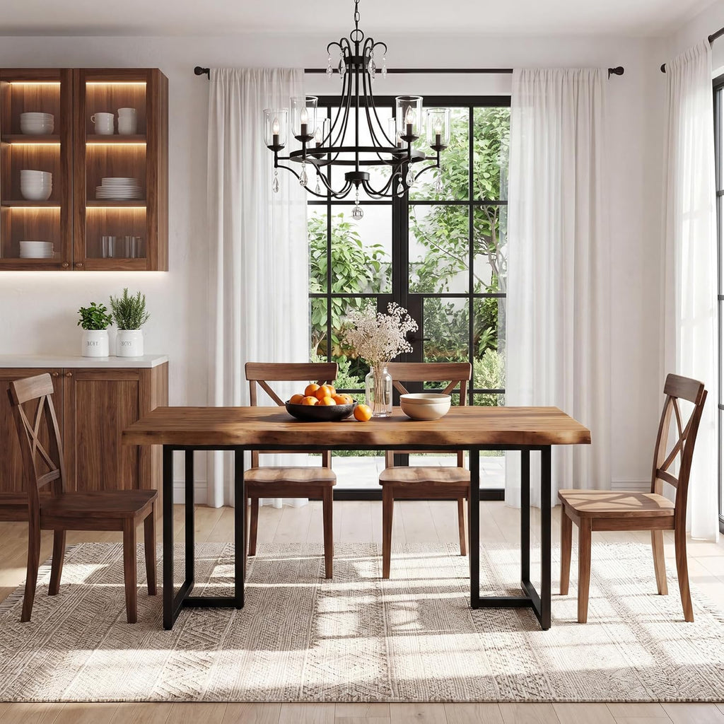 63" Solid Wood Dining Table for 4–6, Rectangular Kitchen & Dining Room Table with Live-Edge Inspired Top, Industrial Dining Table with Heavy-Duty Metal Frame