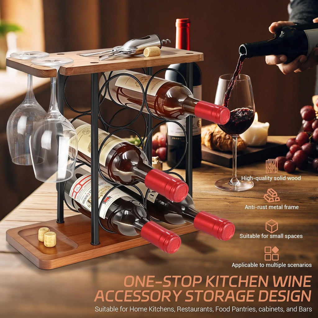 Wooden Wine Racks Countertop with Tray, Wine Bottle Holder for 6 Bottles & 2 Glasses, Perfect for Kitchen, Bar, Table, Cabinet, Wine Cellar