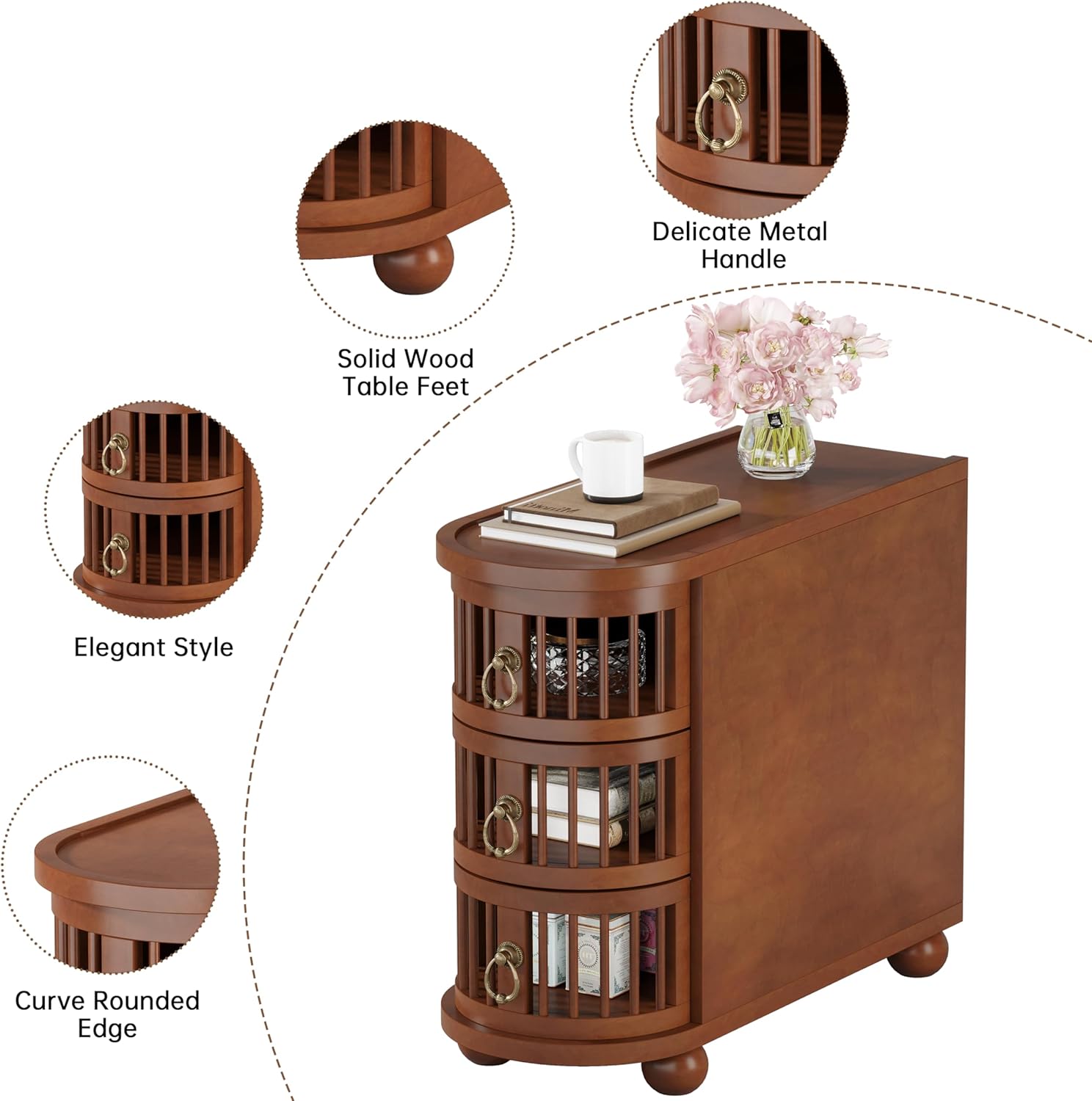 No Assembly Required 3-Drawer Wood End Table with Grooved Hollow Drawers and Premium Solid Wood Original Legs (1, Brown)