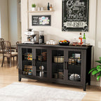 63 Inch Sideboard Buffet Cabinet with 4 Glass Doors, Coffee Wine Bar Storage Cabinet, Modern Buffet Table with Storage for Dining Room, Kitchen, Living Room, Black