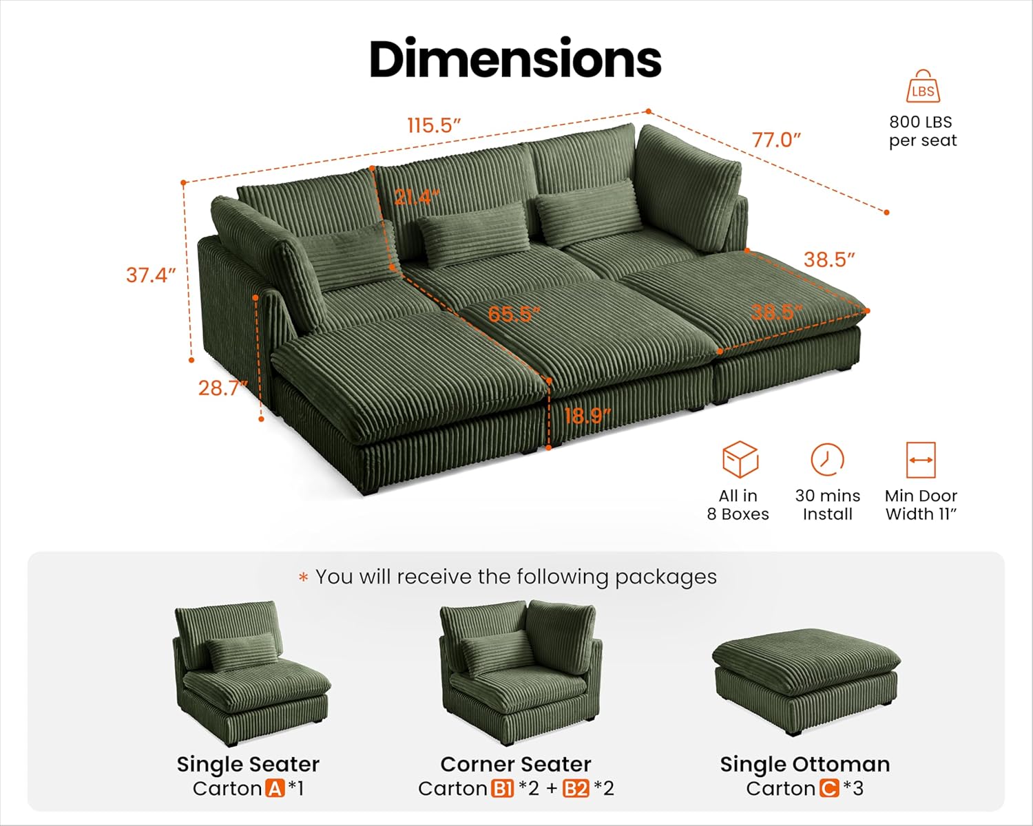 115" Oversized Corduroy Couch Modular Sectional Sofa, Washable Cloud Couch Sectional with 3 Ottoman, 6 Seater Sectional Couches for Living Room, Fully Cover Removable, Sleeper Sofa, Corduroy, Green
