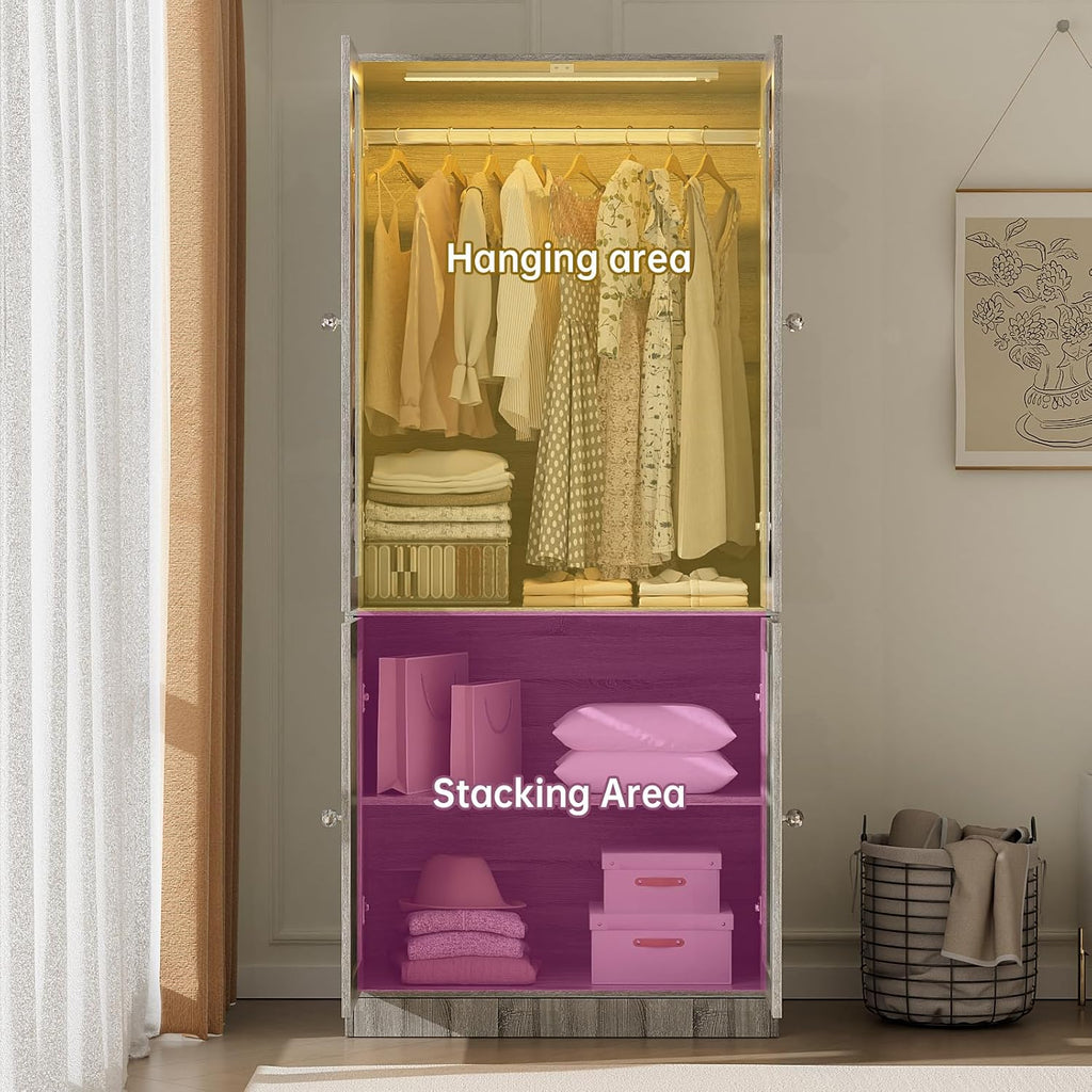 VOWNER 75" Tall Armoire Wardrobe Closet with 2 Glass Doors | Adjustable 3-color Lighting, Clothing Storage Cabinet with Hanging Rod, Wooden Armoire Storage Cabinet for Bedroom (Grey Oak)