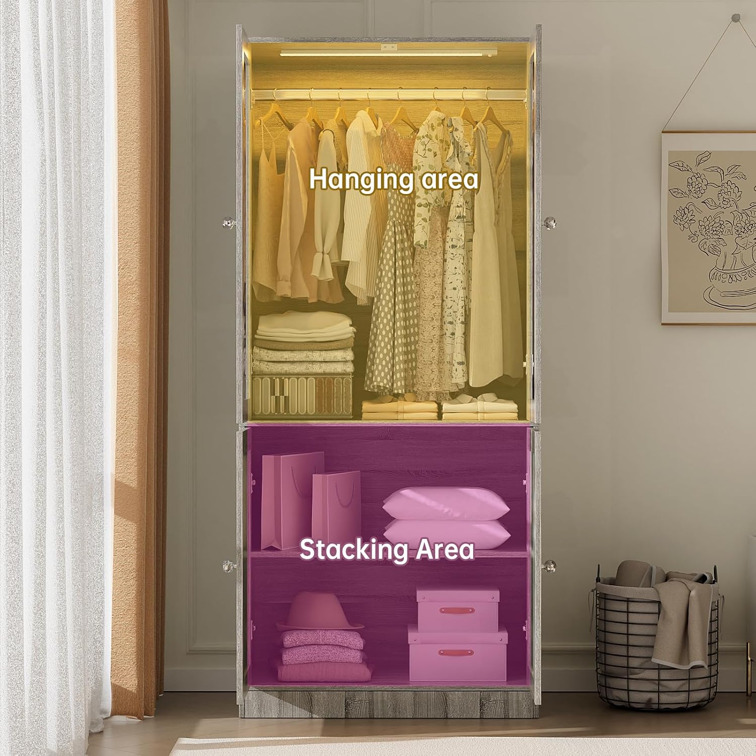 VOWNER 75" Tall Armoire Wardrobe Closet with 2 Glass Doors | Adjustable 3-color Lighting, Clothing Storage Cabinet with Hanging Rod, Wooden Armoire Storage Cabinet for Bedroom (Grey Oak)
