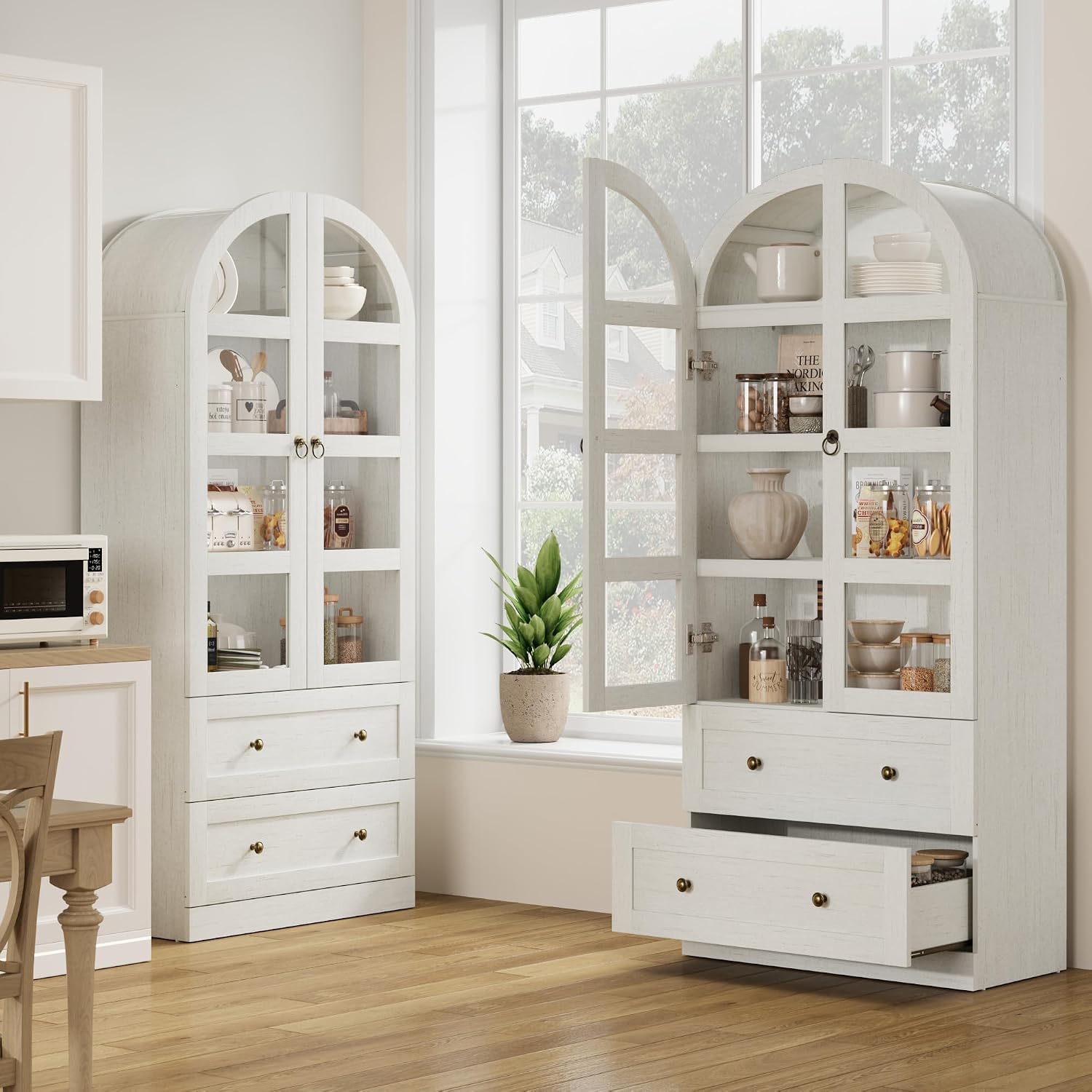 CABIHOME 72" Tall Arched Kitchen Pantry Cabinet, Freestanding Farmhouse Storage Cupboard with Doors, Drawers & Shelves, Versatile Wooden Organizer for Dining Room, Living Room, White
