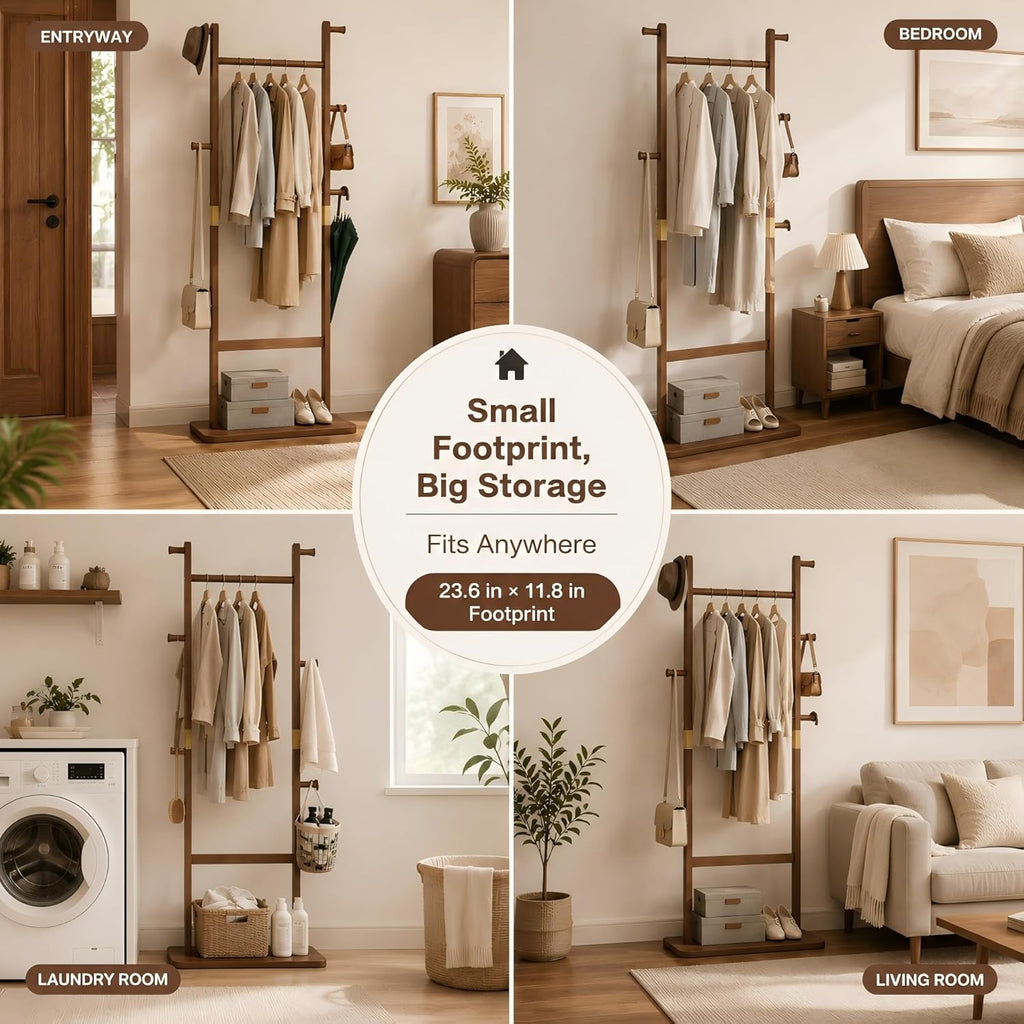 Solid Wood Coat Rack Freestanding, Clothing Rack with 5 Hooks & Bottom Shelf, Coat Rack Stand for Hanging Clothes, Wood Hall Tree Organizer for Entryway, Bedroom (Walnut Brown 23.6"W x 70.8"H)