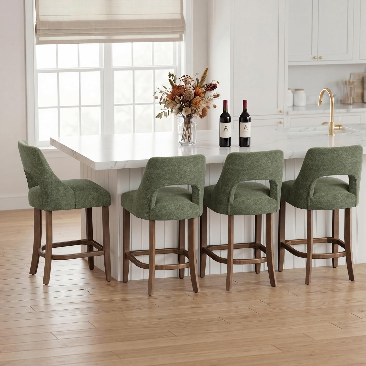UVV Bar Stools Set of 4, Upholstered Counter Height Bar Stools, Modern Counter Stools with Wood Legs for Kitchen Island Dining Room Bar, Green