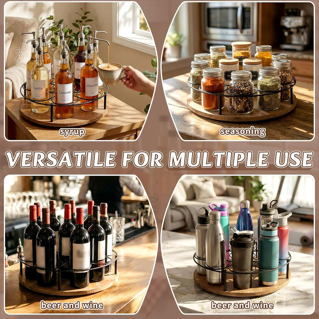 2 Pcs 9 Bottles Rotating Coffee Syrup Organizer, Large S Syrup Rack Carbon Steel Frame with Wooden Base Bottle Holder Stand for Coffee Bar Station, Turntable Wine Display Tray