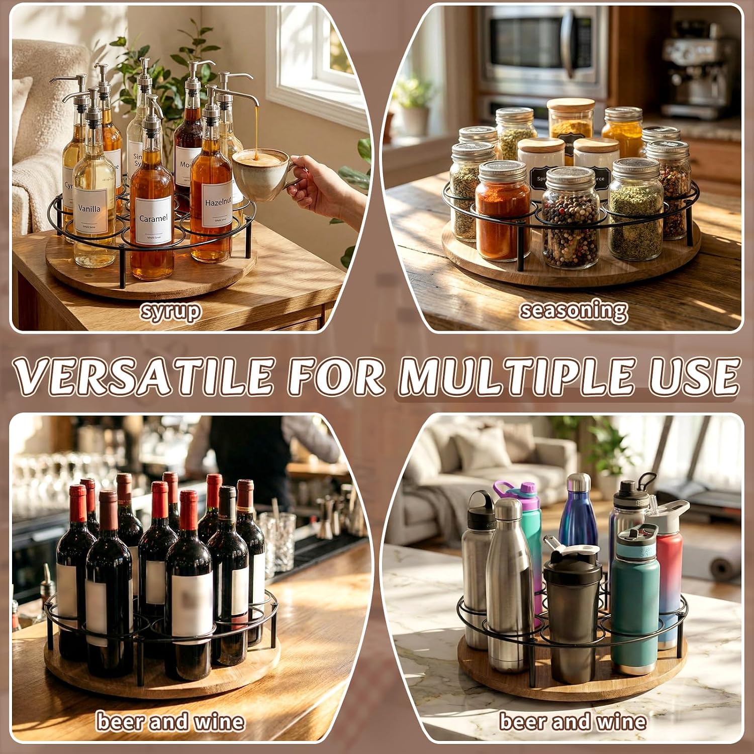 2 Pcs 9 Bottles Rotating Coffee Syrup Organizer, Large S Syrup Rack Carbon Steel Frame with Wooden Base Bottle Holder Stand for Coffee Bar Station, Turntable Wine Display Tray