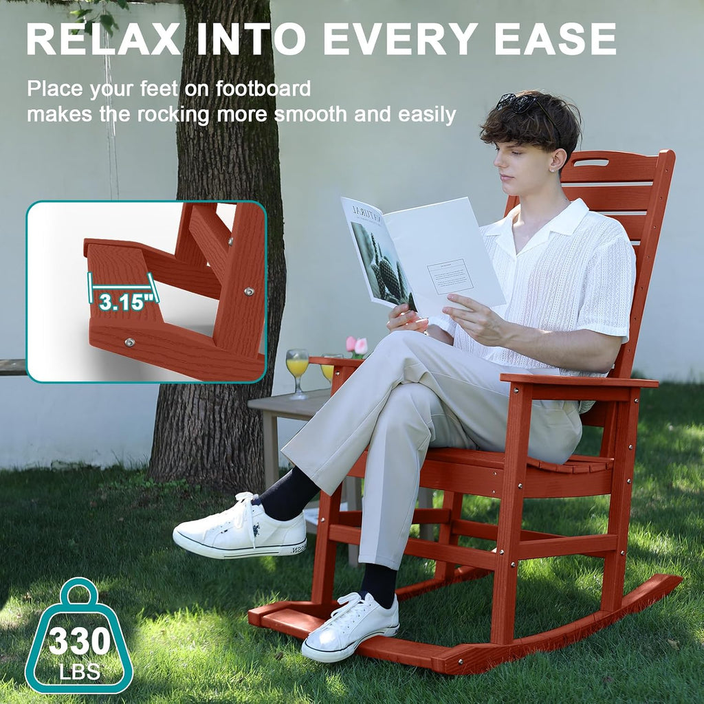 PLUUV Outdoor Rocking Chair with Removable Footboard for Adults, HDPE High Back Patio Rocking Chairs, 330lbs All Weather Porch Rocking Chairs for Outdoor & Indoor -Reddish Brown
