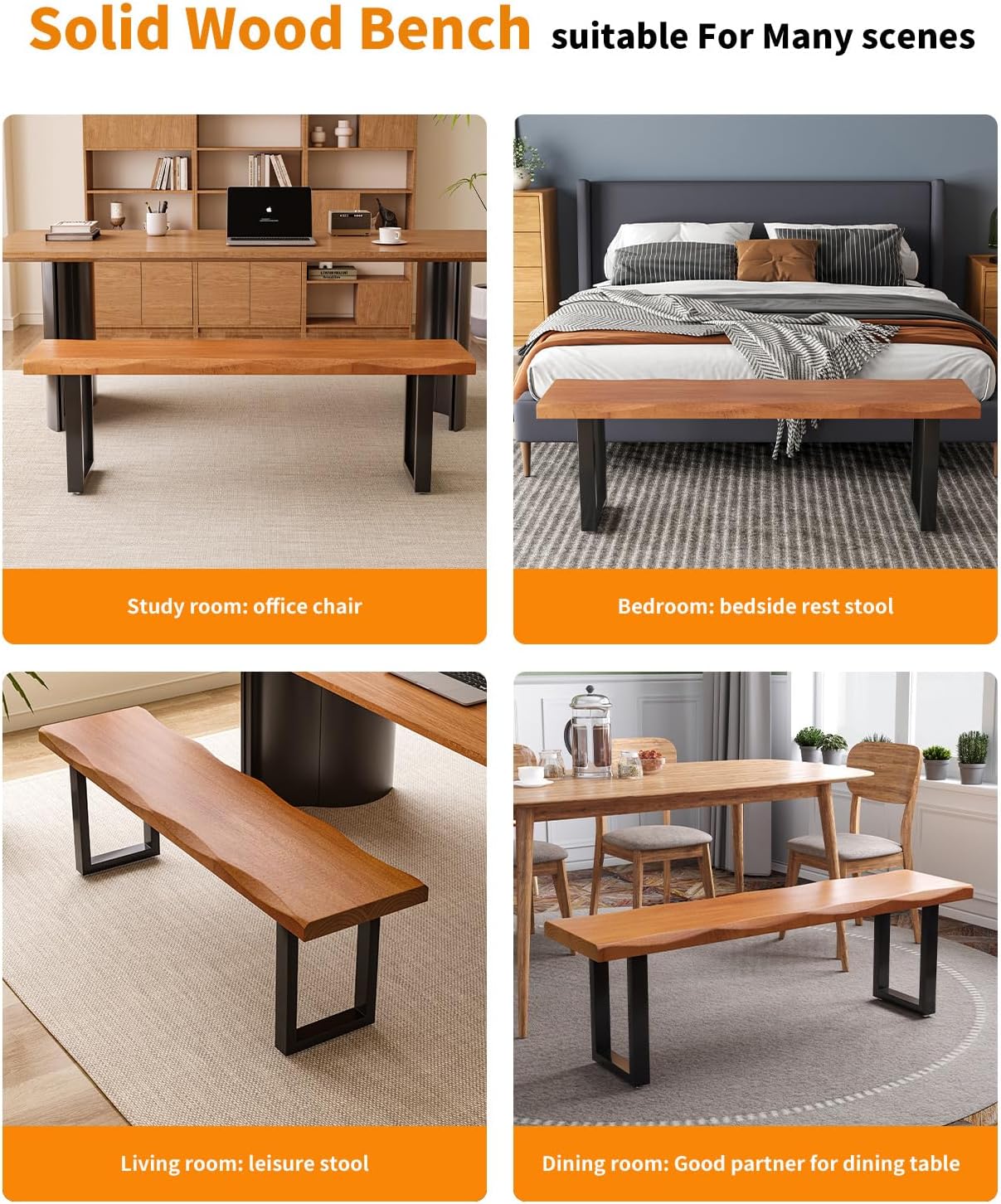 Modern Rustic Solid Wood Bench with Black Metal Legs, Industrial Farmhouse Style, Natural Wood Finish