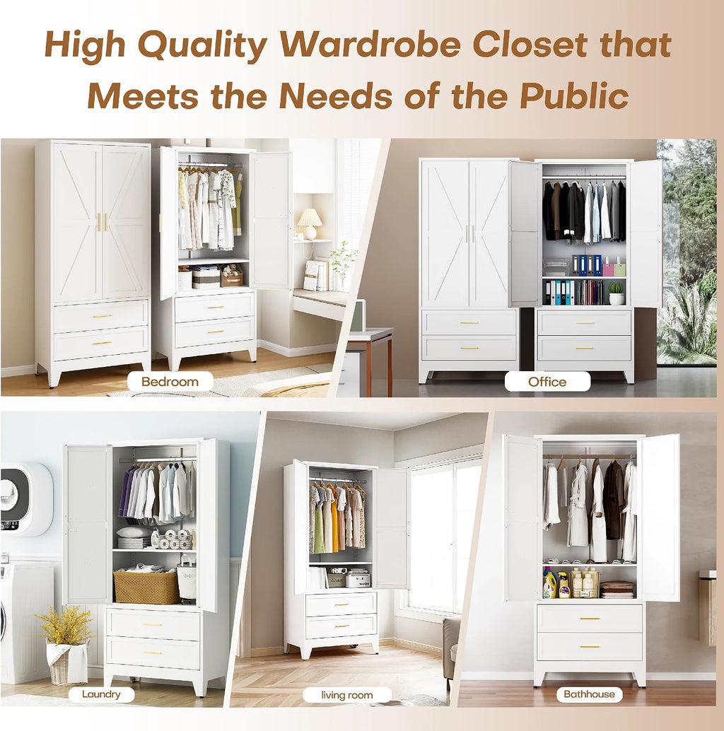71 "H Armoire Wardrobe Closet with 2 Drawers and Adjustable Shelves | Metal Wardrobe Closet with Doors, Wardrobe Cabinet with Hanging Rod, Closets for Bedroom, Laundry Room, White