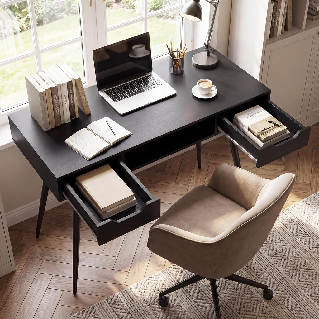 Tangkula Mid Century Modern Computer Desk, Writing Desk with 2 Drawers & Open Center Storage, Small Wooden Study Table for Home Office & Compact Spaces (Black)