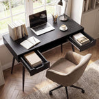 Tangkula Mid Century Modern Computer Desk, Writing Desk with 2 Drawers & Open Center Storage, Small Wooden Study Table for Home Office & Compact Spaces (Black)