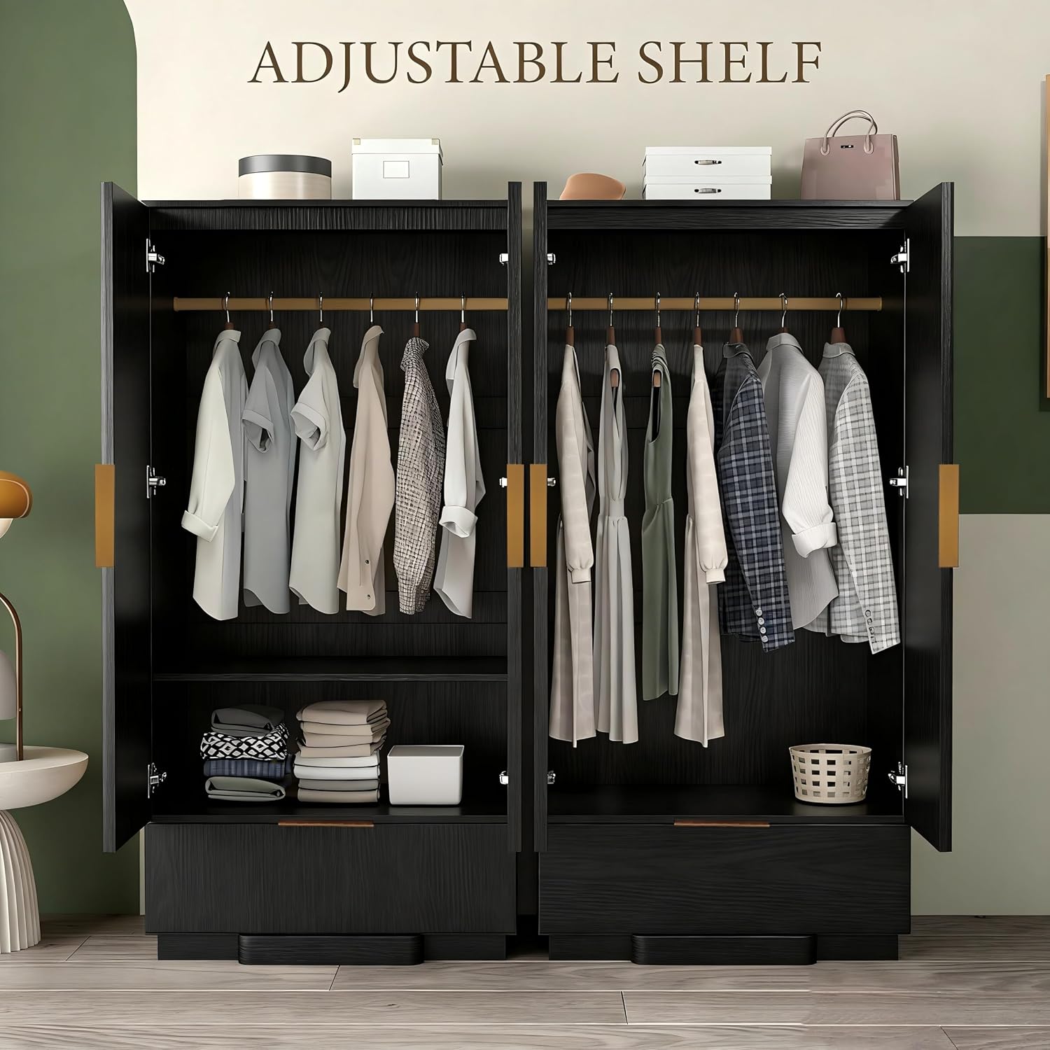 Brafab 67" Fluted Armoire Wardrobe Closet with Drawers, Black Cabinet | Removable Hanging Rods, Adjustable Shelves, Soft-Close Hinges, Large Capacity, Clothes Organizer for Bedroom, Cloak Room