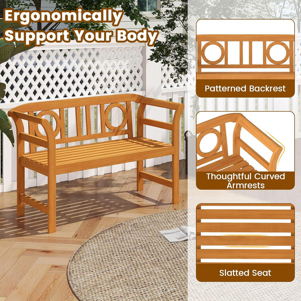 Tangkula Acacia Wood Outdoor Bench with Backrest, 2-Person Patio Wood Bench with Curved Armrests, Slatted Seat, Garden Bench Loveseat for Park, Yard, Lawn, Patio, 800 LBS Max Load