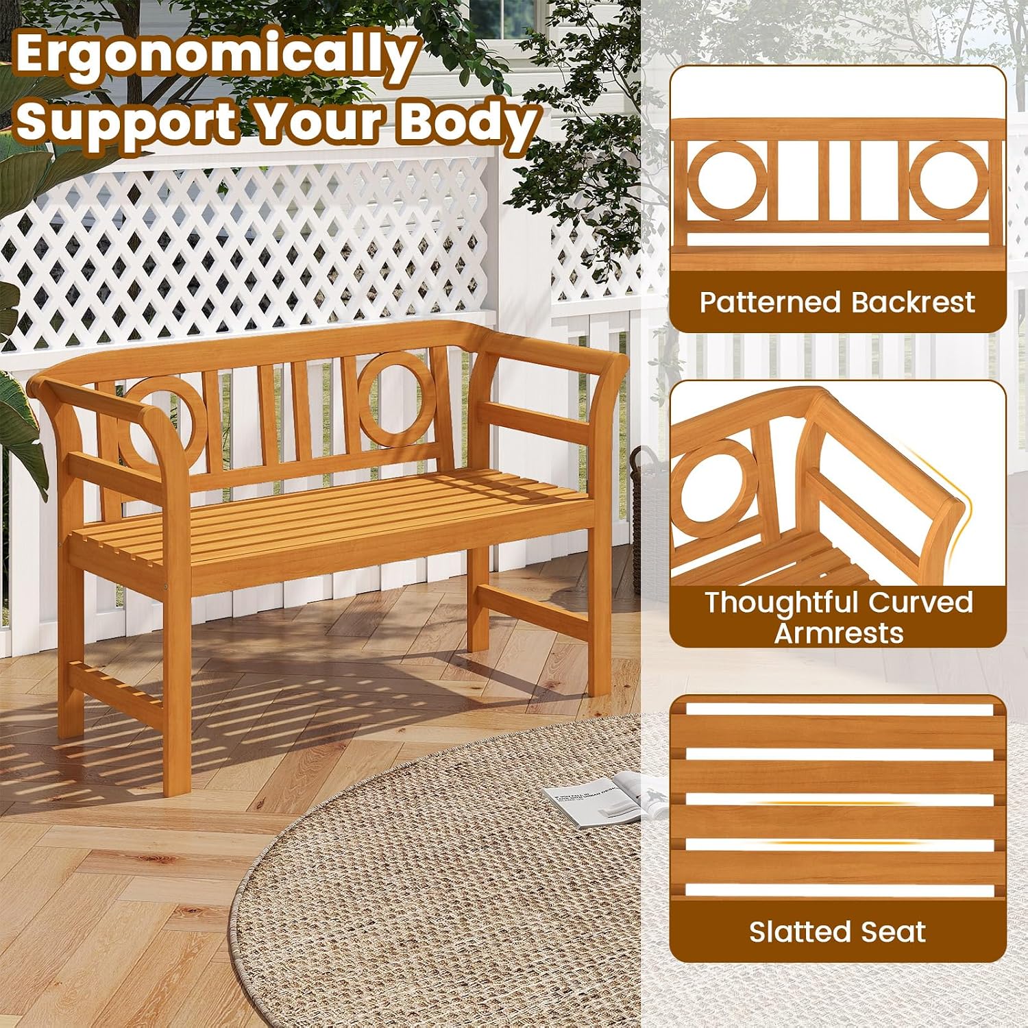 Tangkula Acacia Wood Outdoor Bench with Backrest, 2-Person Patio Wood Bench with Curved Armrests, Slatted Seat, Garden Bench Loveseat for Park, Yard, Lawn, Patio, 800 LBS Max Load