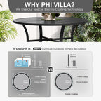 PHI VILLA Patio Round Table w/Umbrella Hole, Metal Table for 4, Black | 42" wrought iron dining table. Slatted top design, weather resistant. Perfect for outdoor deck, porch, backyard.