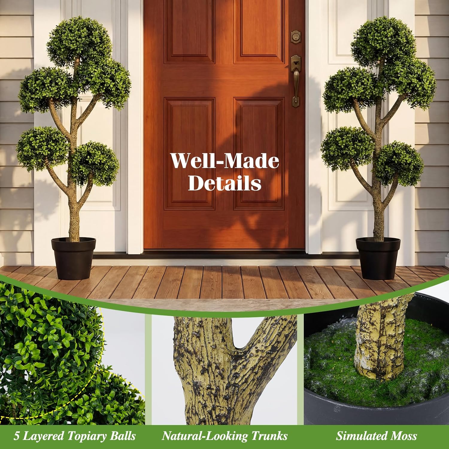Goplus 46" Artificial Boxwood Topiary Tree, Fake Potted Boxwood Tree with 5 Ball-Shaped Topiaries, Realistic Decorative Faux Outdoor Plant for Indoor, Front Porch, Patio, Home, Office (1)