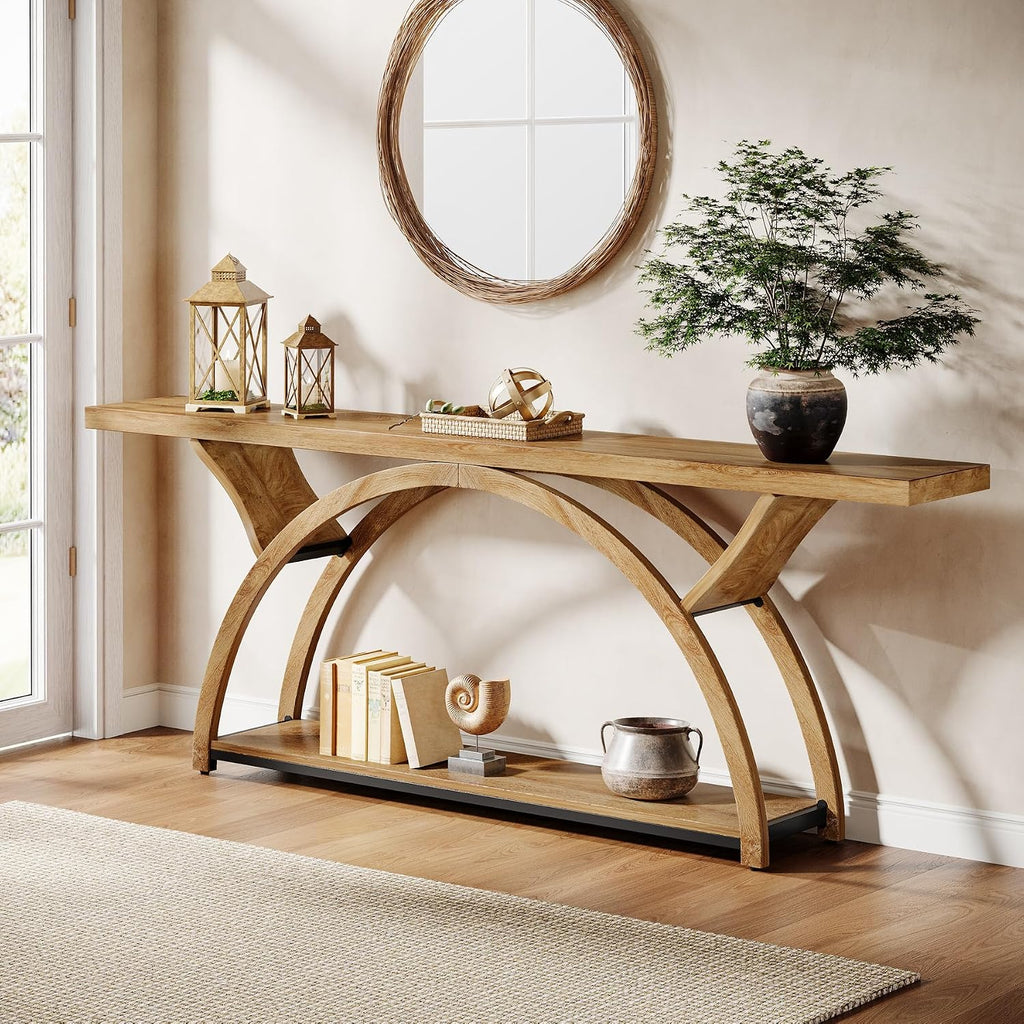 Tribesigns 70.87" Console Table, Industrial Sofa Table Behind Couch with 2 Tiers of Storage Shelves for Living Room, Hallway, Entrance, Foyer (Light Brown)