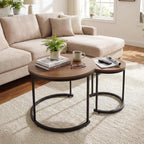 GOFLAME Nesting Coffee Tables Set of 2, Stacking Round Center Table with Wooden Tabletop & Powder Coated Steel Frame, Living Room Coffee End Table Set for Apartment, Bedroom (Brown & Black)