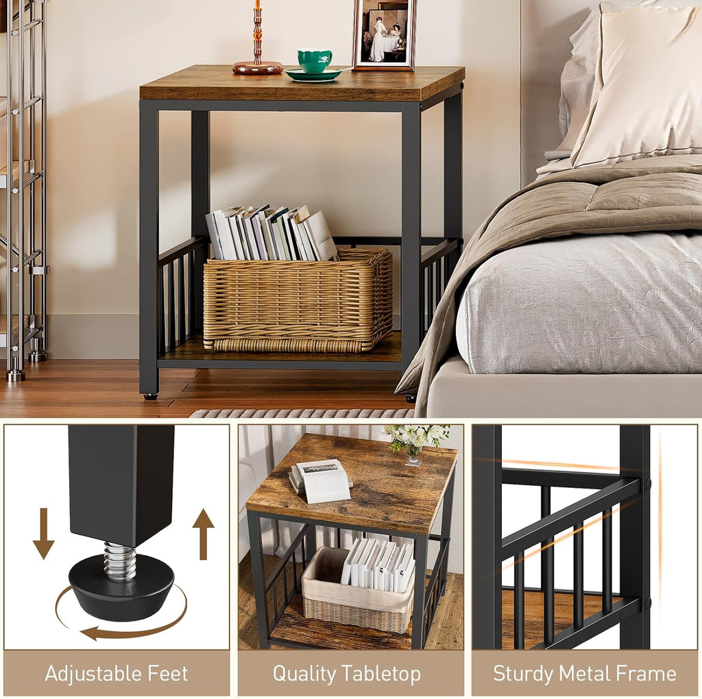 RALGEND End Table, Mini Fridge Stand with Storage, 20" Mini Fridge Cabinet with 2-Tier Storage Shelves, Mini Fridge Table Adjustable Feet, for Kitchen, Living Room, Rustic Brown and Black 5001RSBF