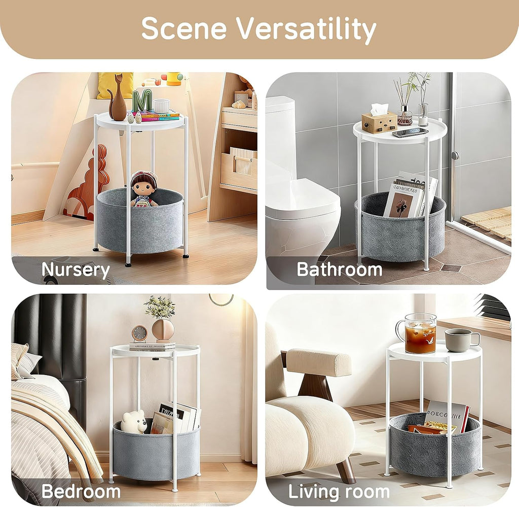Small Round Side Table with Felt Storage Basket, Metal End Table with Removable Tray and Adjustable Feet, Accent Table for Nursery, Bedroom, Living Room, Laundry Room, White