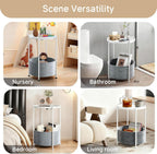 Small Round Side Table with Felt Storage Basket, Metal End Table with Removable Tray and Adjustable Feet, Accent Table for Nursery, Bedroom, Living Room, Laundry Room, White