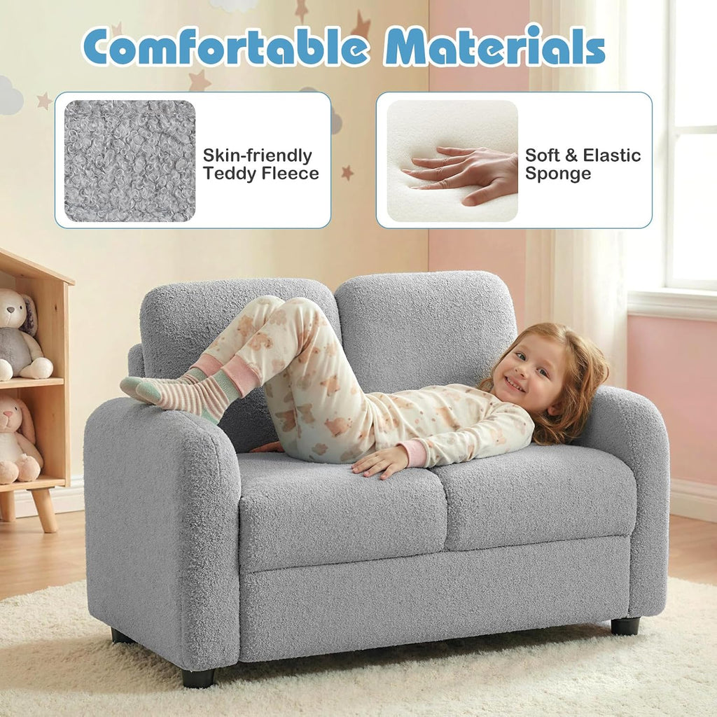 HONEY JOY Toddler Couch, Children Loveseat Sofa Armchair w/Wooden Frame, Teddy Fleece, Flexible Seating for Daycare, Preschool, Playroom, Upholstered Reading Couch, Kids Chair for Boys Girls (Gray)