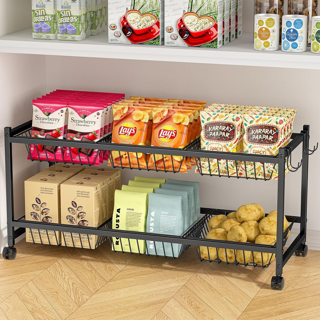 2-Tier Rolling Pantry Cart on Wheels with 6 Removable Baskets, Sturdy Pantry Floor Organizer and Storage, Kitchen Storage Cart for Fruit Vegetables, Snack Organizer for Pantry Kitchen Living Room