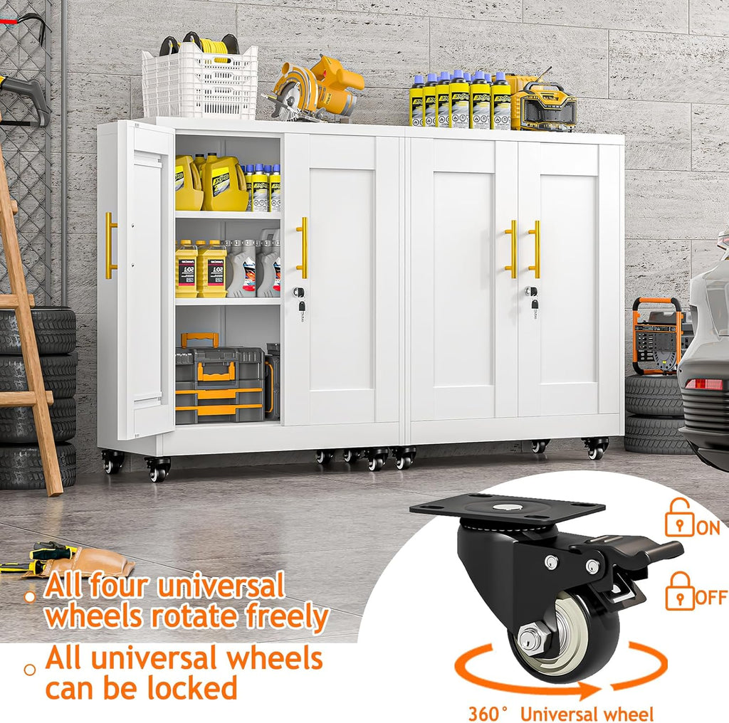Metal Storage Cabinet with Wheels, 36" Tall Locking Storage Cabinet with 2 Adjustable Shelves, Locking Garage Cabinet, Steel Locker Organizer, for Office, Home, School, White
