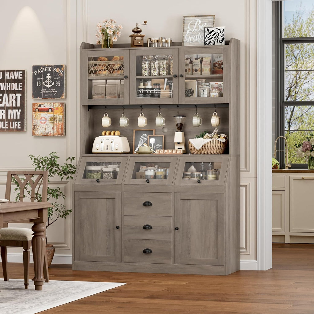 HIFIT 71.4” H Farmhouse Pantry Cabinet with 3 Bread Boxes and 7 Metal Hooks, 47.2” Wide Kitchen Hutch Cabinet with Storage and Glass Doors, Ash Grey