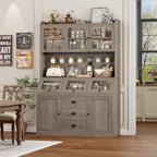 HIFIT 71.4” H Farmhouse Pantry Cabinet with 3 Bread Boxes and 7 Metal Hooks, 47.2” Wide Kitchen Hutch Cabinet with Storage and Glass Doors, Ash Grey