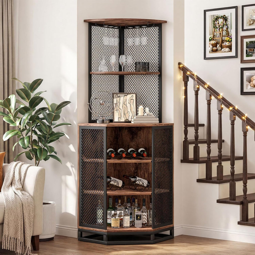 IBF Corner Bar Cabinet 71" Tall Wine Display with Glass Holder, Sturdy 5-Tier Industrial Farmhouse Liquor Storage with Adjustble Shelf，Anti-Tipping Design for Home Kitchen Small Space, Rustic Brown
