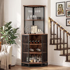 IBF Corner Bar Cabinet 71" Tall Wine Display with Glass Holder, Sturdy 5-Tier Industrial Farmhouse Liquor Storage with Adjustble Shelf，Anti-Tipping Design for Home Kitchen Small Space, Rustic Brown