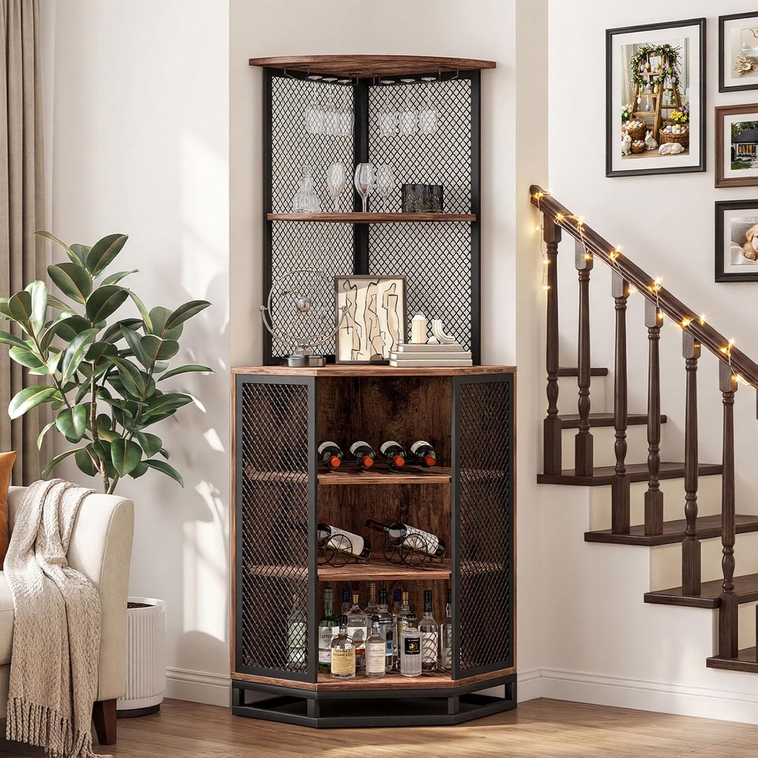 IBF Corner Bar Cabinet 71" Tall Wine Display with Glass Holder, Sturdy 5-Tier Industrial Farmhouse Liquor Storage with Adjustble Shelf，Anti-Tipping Design for Home Kitchen Small Space, Rustic Brown