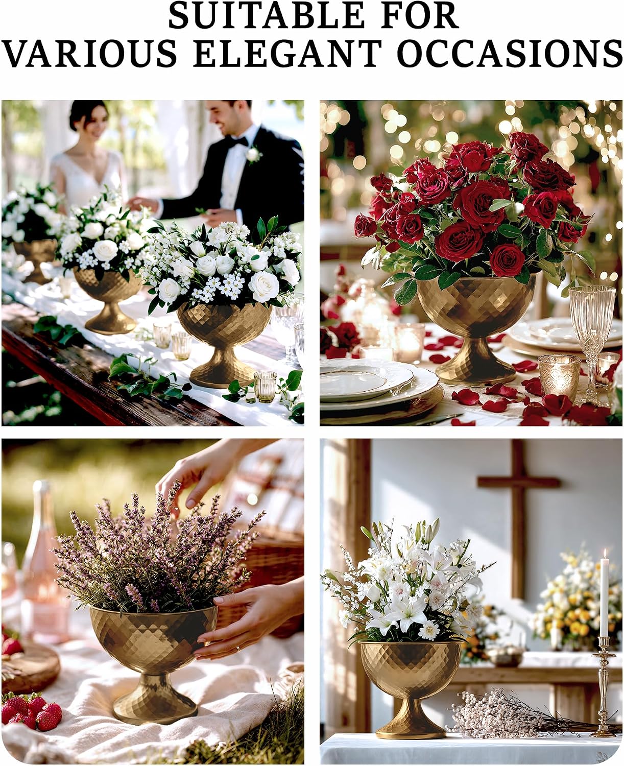 8.25'' Wide 7.3''High Decorative Bowl Vase Set of 10,Distressed Gold Metal Compote Bowl for Tables，Urn Vases for Vintage Wedding Centerpieces,Elegant Compote Vases,Pedistal Vase for Any Event