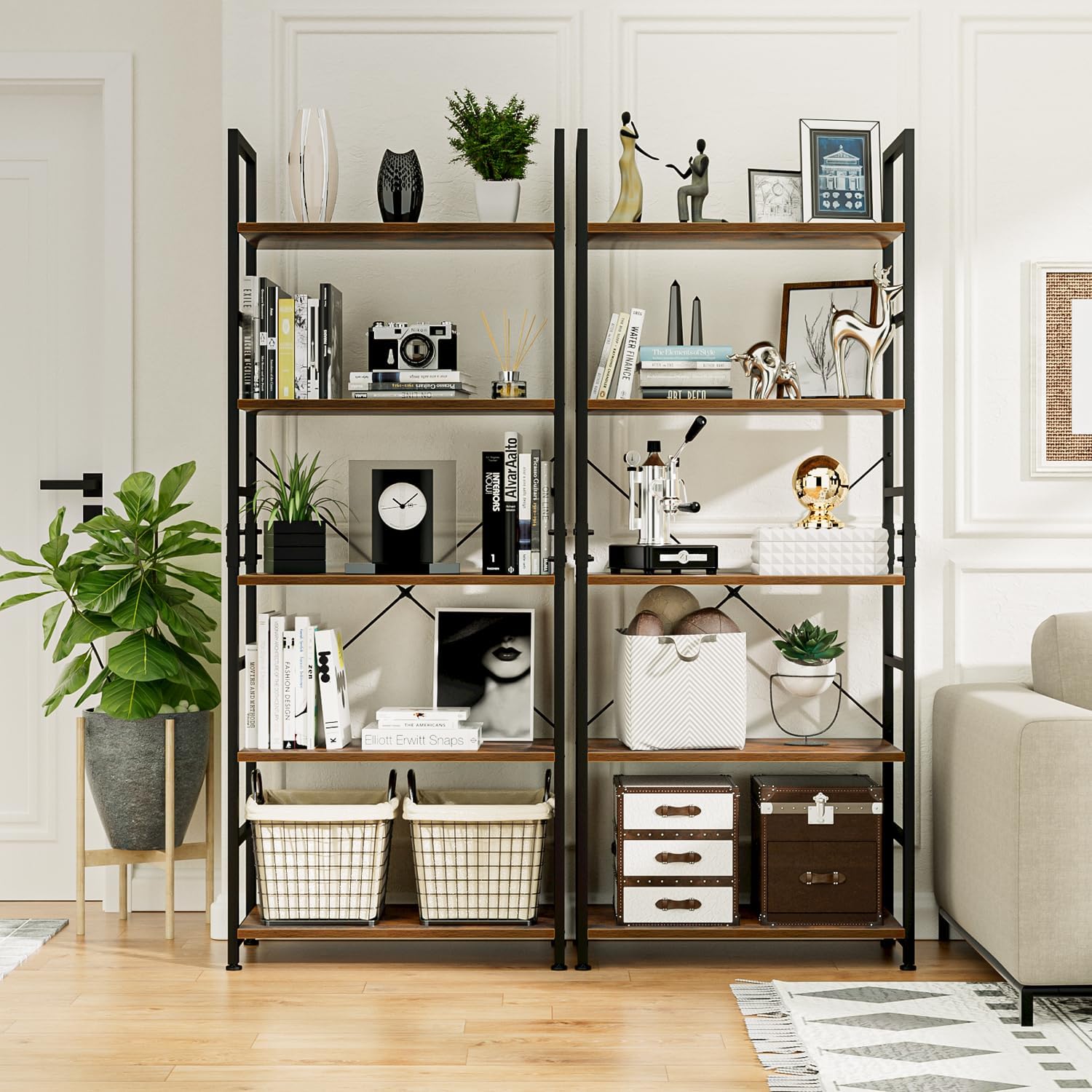 NUMENN 5 Tier Bookshelf, Tall Bookcase Shelf Storage Organizer, Modern Book Shelf for Bedroom, Living Room and Home Office, Vintage
