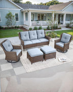 Patio Couch Outdoor Wicker Sofa - Heavy Duty All-Weather Brown Rattan 3-Seater with High Back and Comfy Thick Cushions for Garden Back Porch Poolside Apartment - Baby Blue