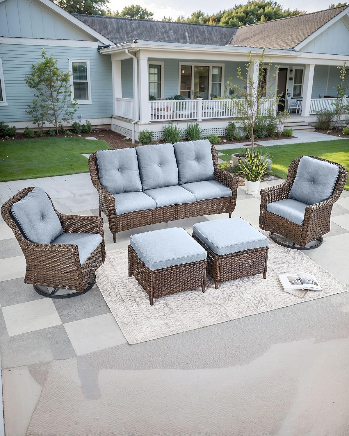 Patio Couch Outdoor Wicker Sofa - Heavy Duty All-Weather Brown Rattan 3-Seater with High Back and Comfy Thick Cushions for Garden Back Porch Poolside Apartment - Baby Blue