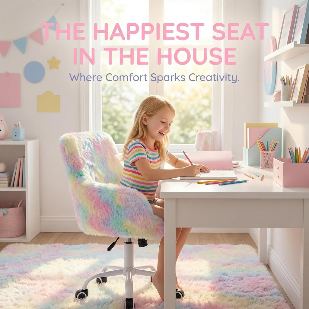 DUOMAY Kids Desk Chair, Faux Fur Colorful Upholstered Computer Chair for Boys and Girls, Cute Study Swivel Height Adjustable Arm Chair for Child, Rainbow Color