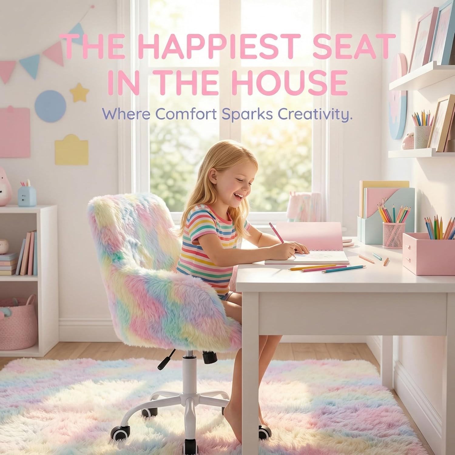 DUOMAY Kids Desk Chair, Faux Fur Colorful Upholstered Computer Chair for Boys and Girls, Cute Study Swivel Height Adjustable Arm Chair for Child, Rainbow Color
