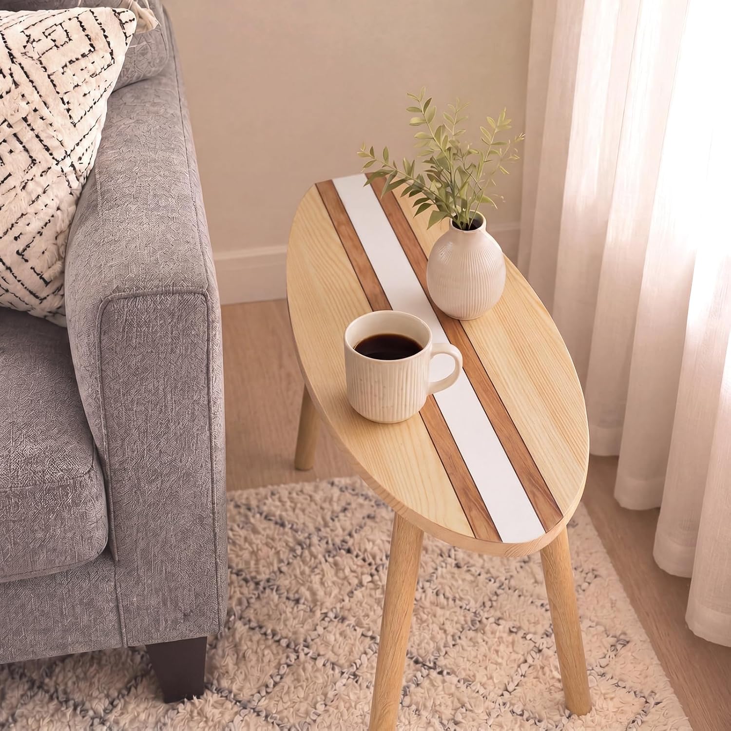 Novabright Coastal Decorative Surfboard Coffee Table, Solid Wood Small End Table 23.6 x 16.5 Inch, Stripe Overlaid Side for Living Room Bedroom Balcony Yard