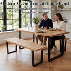 Wooden Dining Bench 55”Industrial Entryway Bench, Modern End of Bed Bench for Bedroom/Hallway, Natural Solid Wood Bench with W/Metal Legs for Dining Room/Living Room, Kitchen